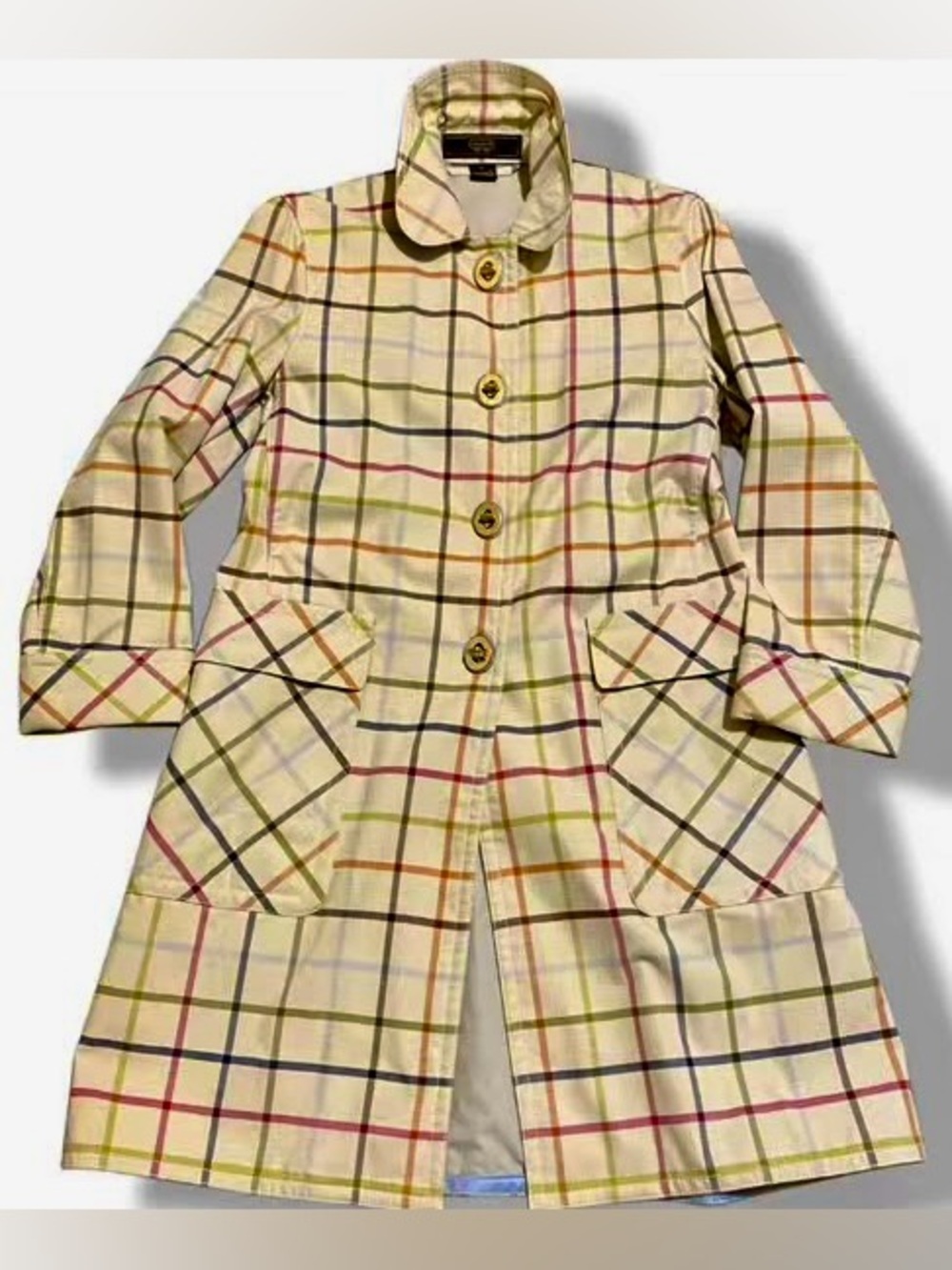 Authentic Coach Heritage Tattersall Multi-Color Plaid Rain Mac Trench Coat
